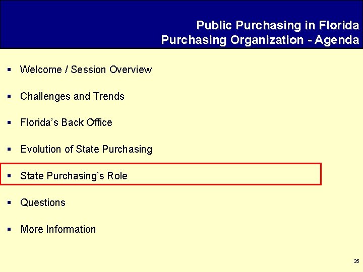 Public Purchasing in Florida Purchasing Organization - Agenda § Welcome / Session Overview §