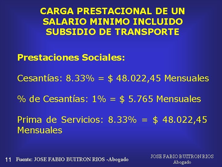 CARGA PRESTACIONAL DE UN SALARIO MINIMO INCLUIDO SUBSIDIO DE TRANSPORTE Prestaciones Sociales: Cesantías: 8.