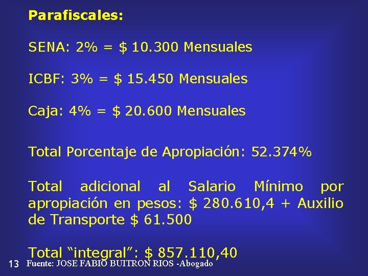 Parafiscales: SENA: 2% = $ 10. 300 Mensuales ICBF: 3% = $ 15. 450