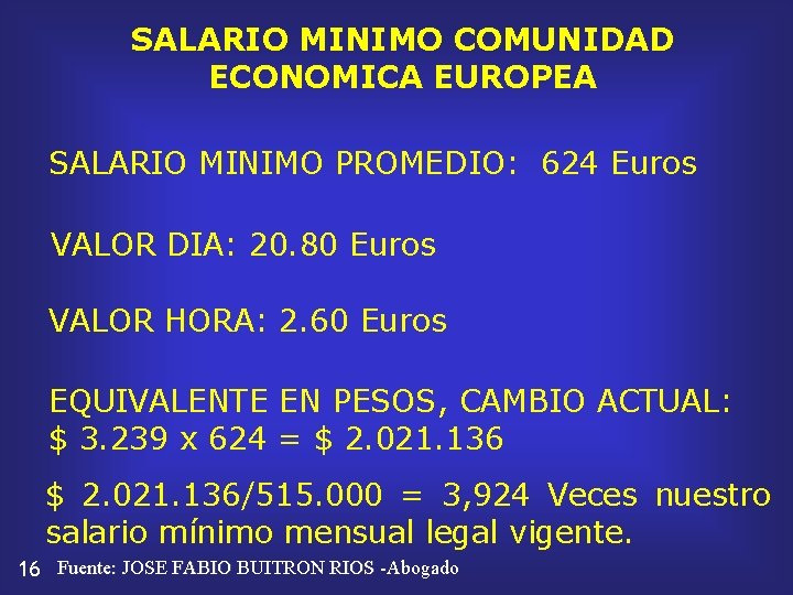 SALARIO MINIMO COMUNIDAD ECONOMICA EUROPEA SALARIO MINIMO PROMEDIO: 624 Euros VALOR DIA: 20. 80