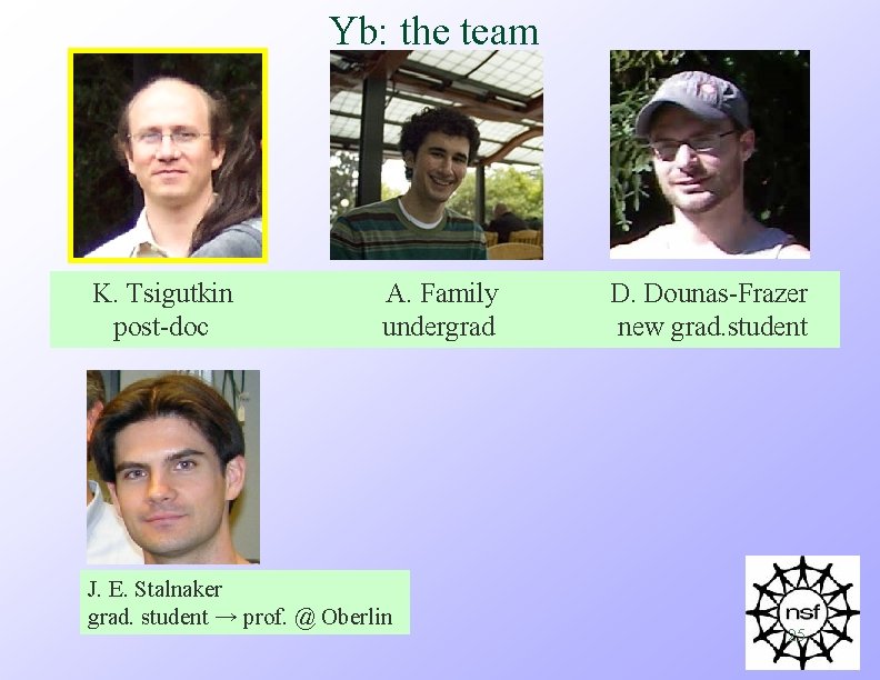 Yb: the team K. Tsigutkin post-doc A. Family undergrad J. E. Stalnaker grad. student