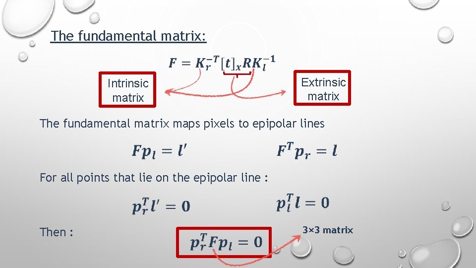 The fundamental matrix: Intrinsic matrix Extrinsic matrix The fundamental matrix maps pixels to epipolar
