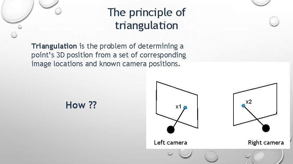 The principle of triangulation Triangulation is the problem of determining a point’s 3 D