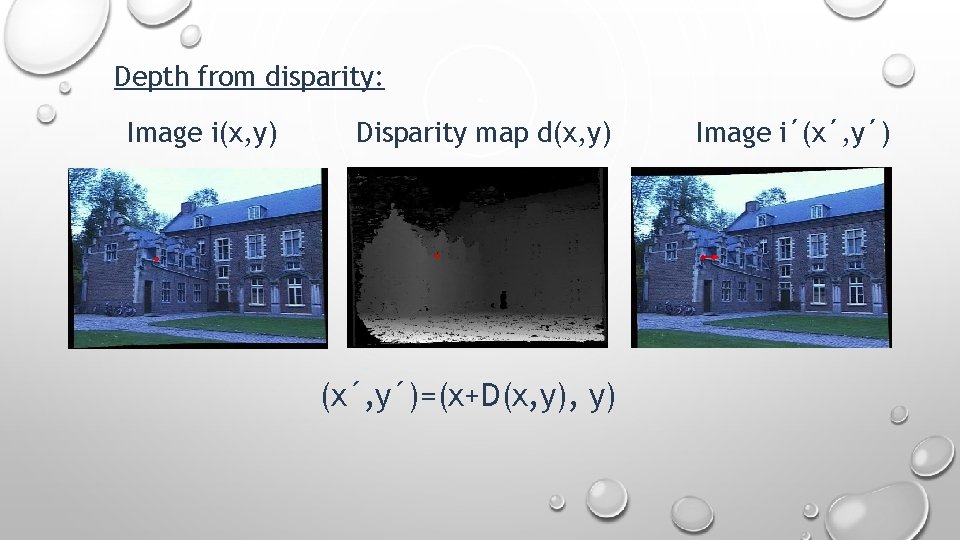 Depth from disparity: Image i(x, y) Disparity map d(x, y) (x´, y´)=(x+D(x, y) Image