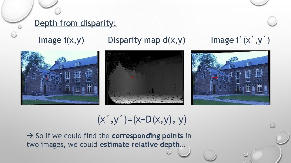 Depth from disparity: Image i(x, y) Disparity map d(x, y) (x´, y´)=(x+D(x, y) So