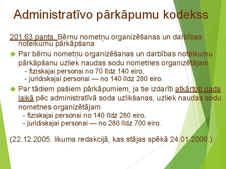 Administratīvo pārkāpumu kodekss 201. 63 pants. Bērnu nometņu organizēšanas un darbības noteikumu pārkāpšana Par