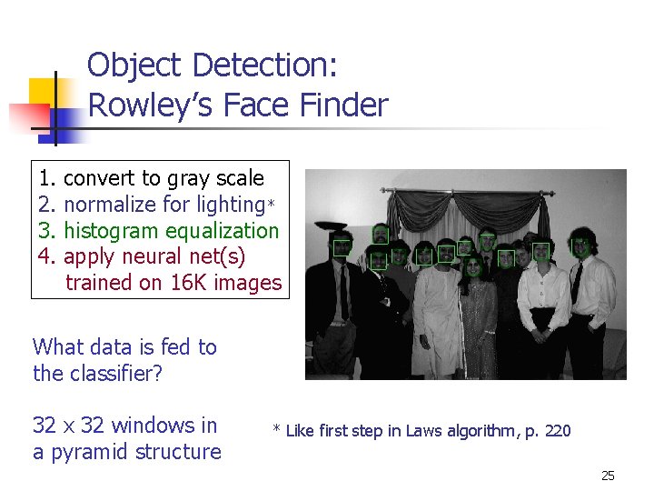 Object Detection: Rowley’s Face Finder 1. 2. 3. 4. convert to gray scale normalize