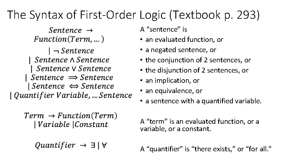 The Syntax of First-Order Logic (Textbook p. 293) • A “sentence” is • an