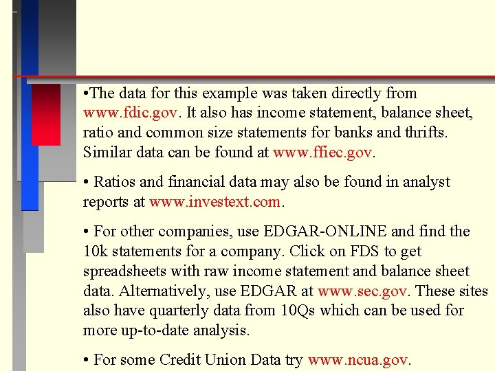  • The data for this example was taken directly from www. fdic. gov.