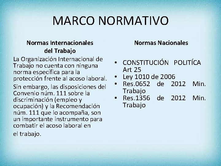 MARCO NORMATIVO Normas Internacionales del Trabajo La Organización Internacional de Trabajo no cuenta con