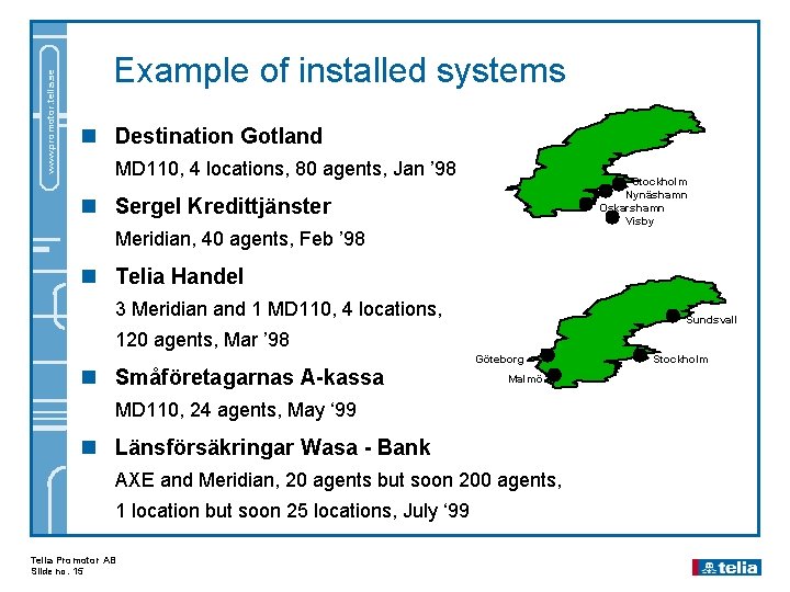 www. promotor. telia. se Example of installed systems n Destination Gotland MD 110, 4