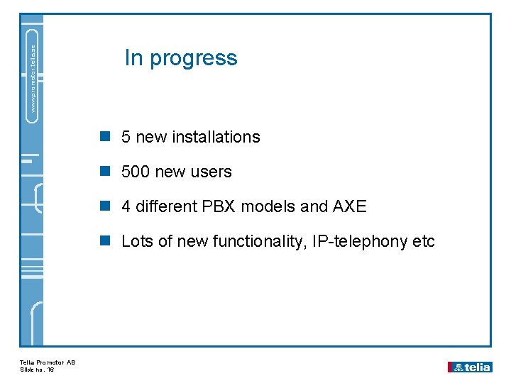 www. promotor. telia. se In progress n 5 new installations n 500 new users