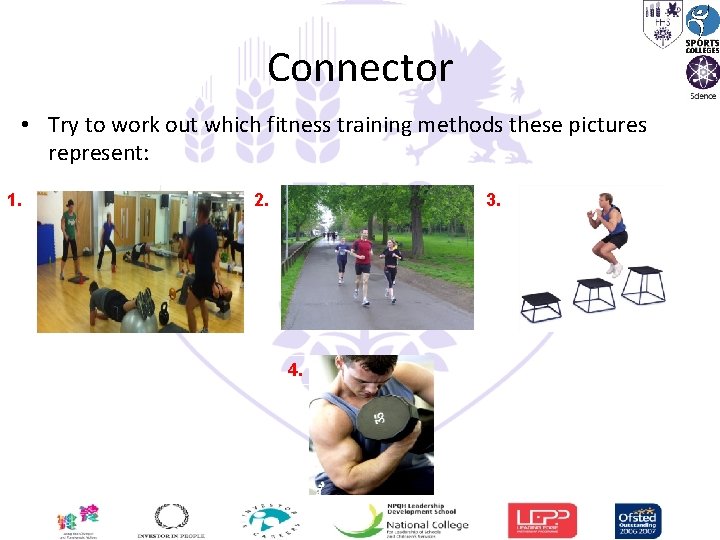 Connector • Try to work out which fitness training methods these pictures represent: 1.