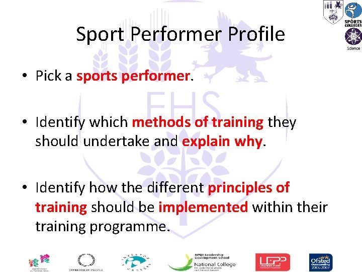 Sport Performer Profile • Pick a sports performer. • Identify which methods of training