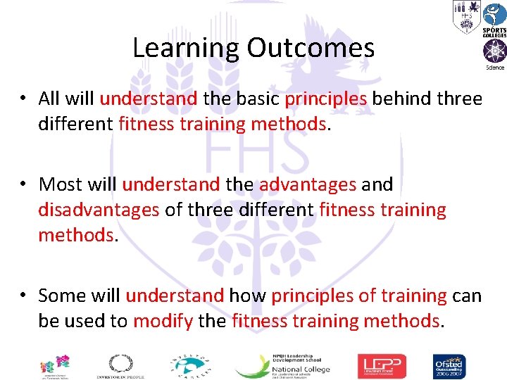 Learning Outcomes • All will understand the basic principles behind three different fitness training
