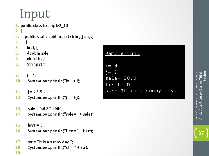 Input 9. 10. i = 4; System. out. println("i= " + i); 11. 12.