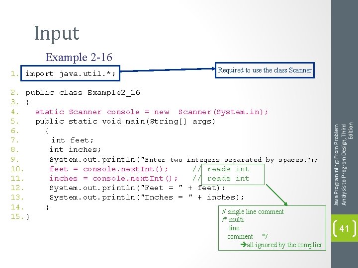 Input Example 2 -16 Required to use the class Scanner 2. public class Example