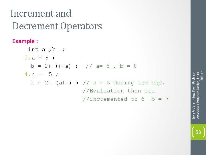 Increment and Decrement Operators int a , b ; 3. a = 5 ;