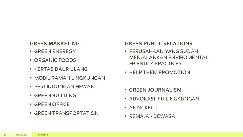 GREEN MARKETING • GREEN ENEREGY • ORGANIC FOODS • KERTAS DAUR ULANG • MOBIL