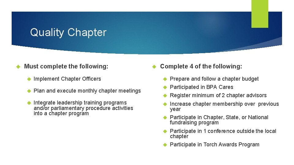 Quality Chapter Must complete the following: Implement Chapter Officers Plan and execute monthly chapter