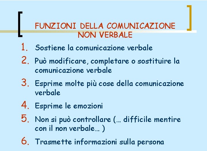 FUNZIONI DELLA COMUNICAZIONE NON VERBALE 1. 2. Sostiene la comunicazione verbale 3. Esprime molte