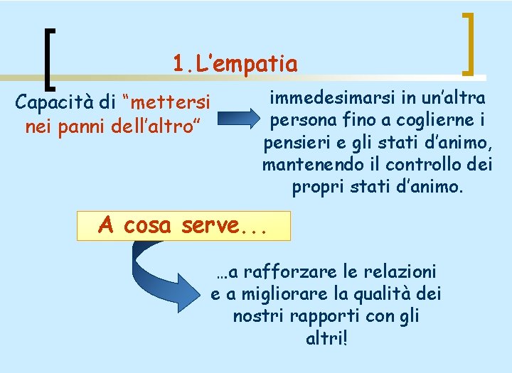 1. L’empatia Capacità di “mettersi nei panni dell’altro” immedesimarsi in un’altra persona fino a