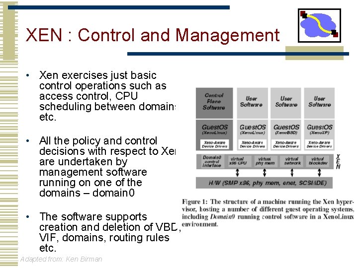 XEN : Control and Management • Xen exercises just basic control operations such as