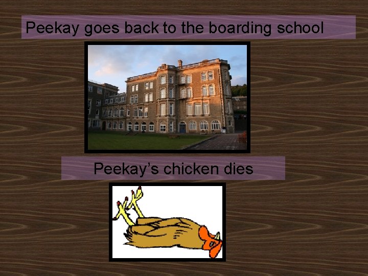 Peekay goes back to the boarding school Peekay’s chicken dies 