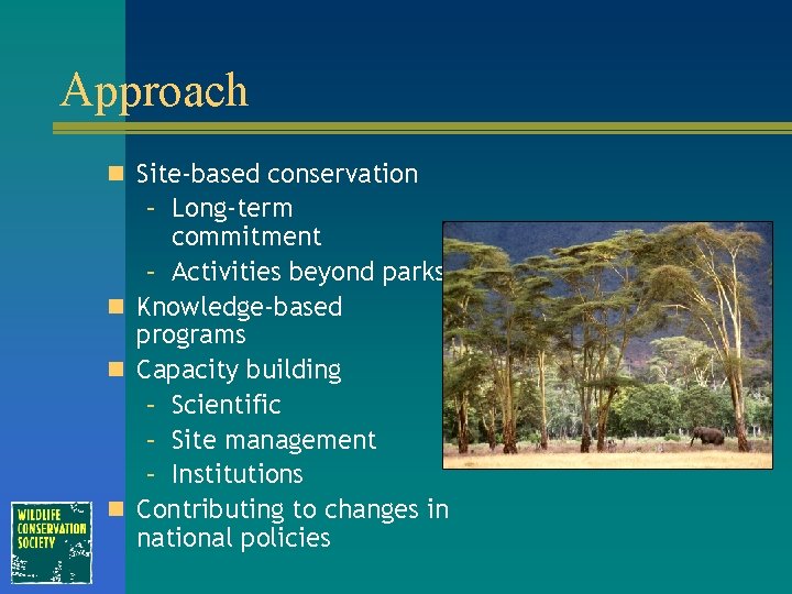 Approach n Site-based conservation – Long-term commitment – Activities beyond parks n Knowledge-based programs