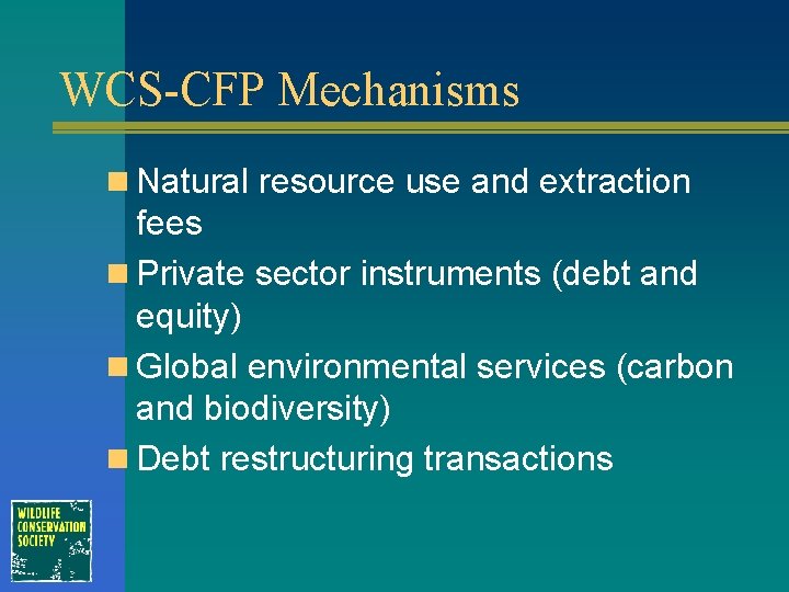 WCS-CFP Mechanisms n Natural resource use and extraction fees n Private sector instruments (debt