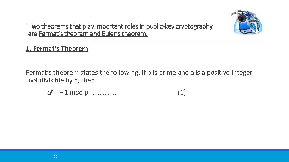 Two theorems that play important roles in public-key cryptography are Fermat’s theorem and Euler’s