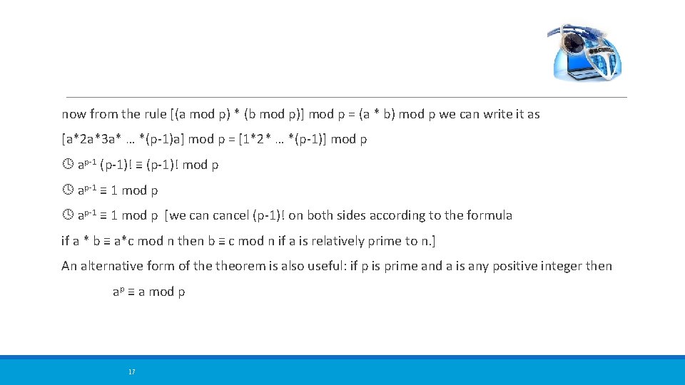 now from the rule [(a mod p) * (b mod p)] mod p =