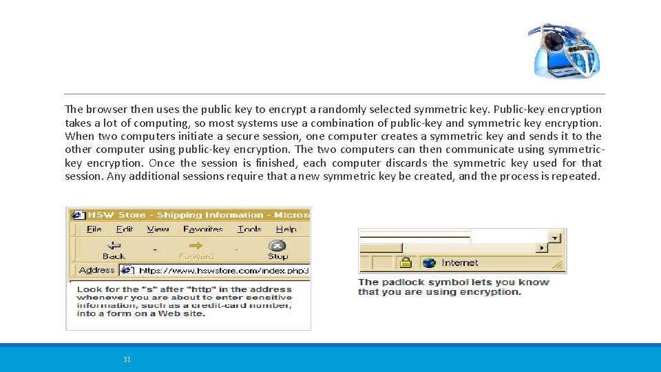 The browser then uses the public key to encrypt a randomly selected symmetric key.