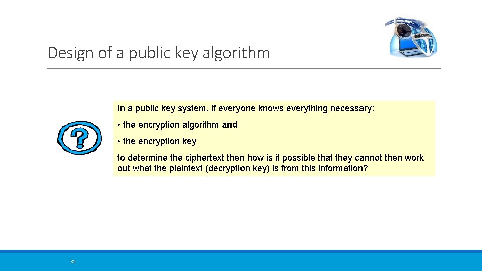 Design of a public key algorithm In a public key system, if everyone knows