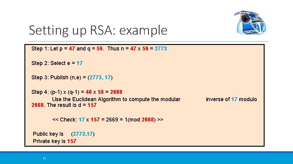 Setting up RSA: example Step 1: Let p = 47 and q = 59.