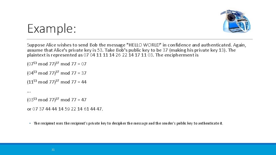 Example: Suppose Alice wishes to send Bob the message "HELLO WORLD" in confidence and