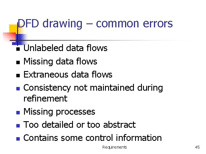 DFD drawing – common errors n n n n Unlabeled data flows Missing data