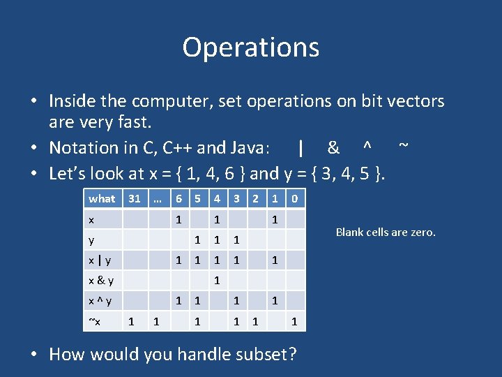 Operations • Inside the computer, set operations on bit vectors are very fast. •