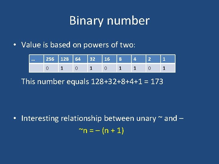 Binary number • Value is based on powers of two: … 256 128 64