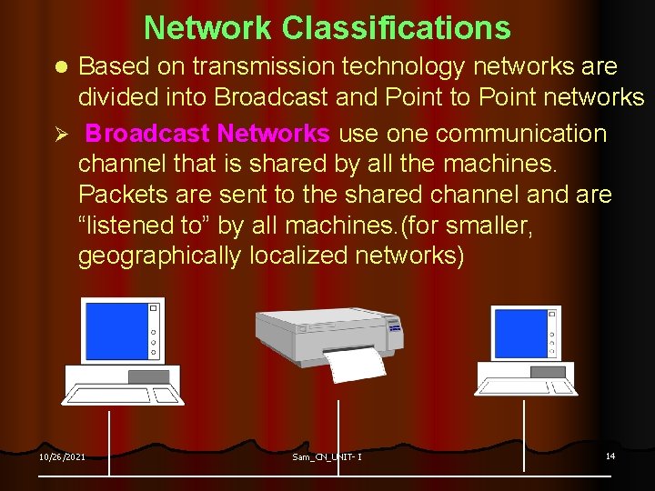 Network Classifications Based on transmission technology networks are divided into Broadcast and Point to