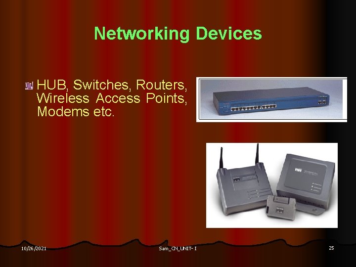 Networking Devices HUB, Switches, Routers, Wireless Access Points, Modems etc. 10/26/2021 Sam_CN_UNIT- I 25