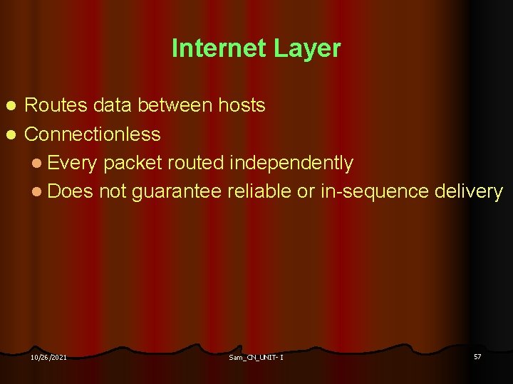 Internet Layer Routes data between hosts l Connectionless l Every packet routed independently l
