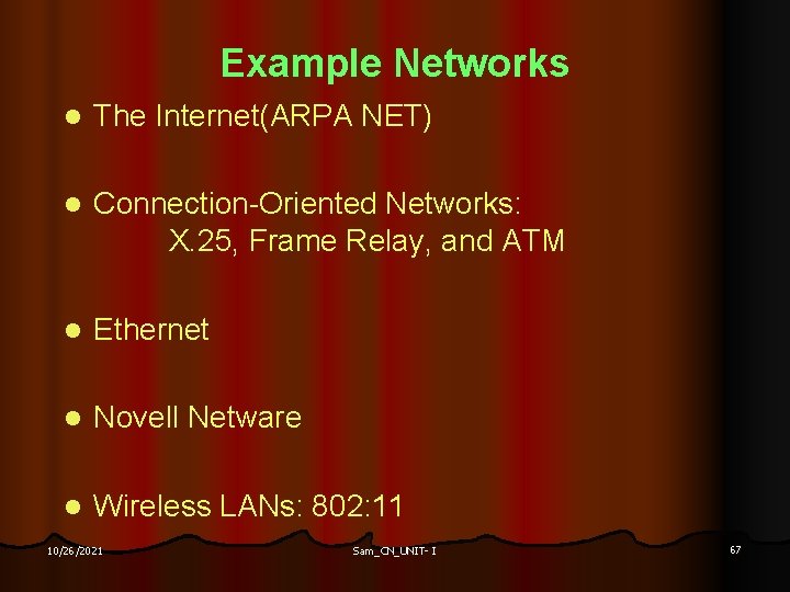 Example Networks l The Internet(ARPA NET) l Connection-Oriented Networks: X. 25, Frame Relay, and