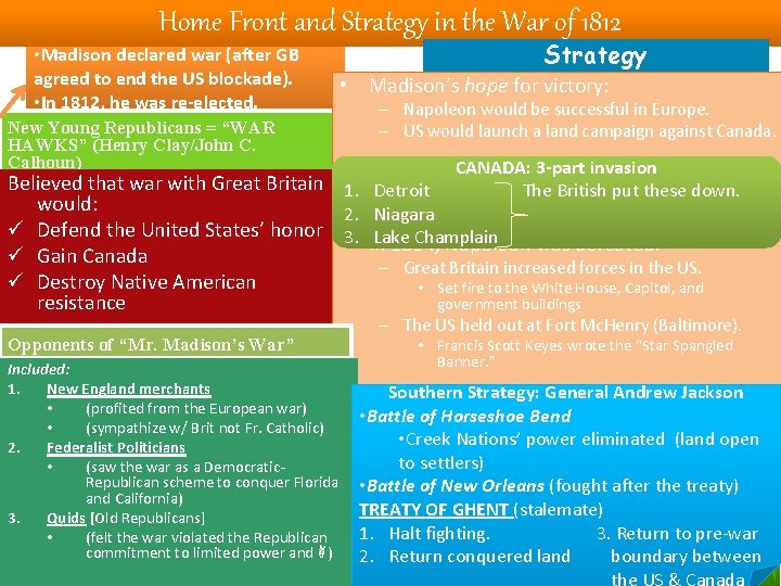 Home Front and Strategy in the War of 1812 • Madison declared war (after