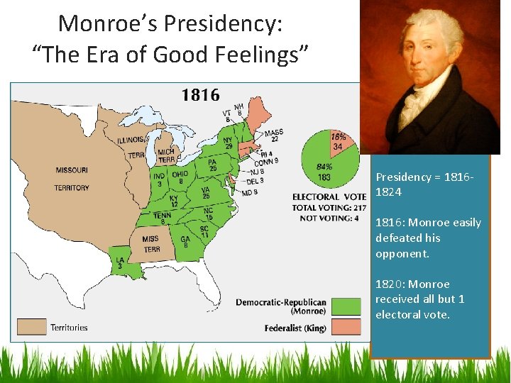 Monroe’s Presidency: “The Era of Good Feelings” Presidency = 18161824 1816: Monroe easily defeated