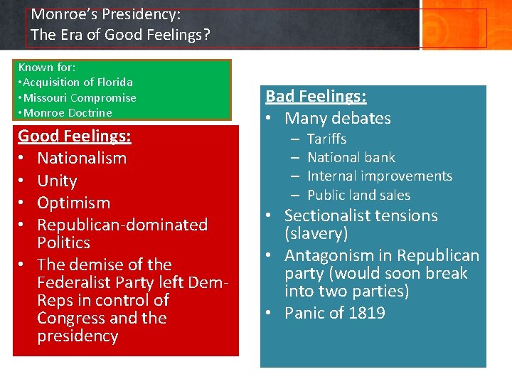 Monroe’s Presidency: The Era of Good Feelings? Known for: • Acquisition of Florida •