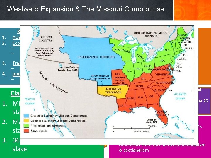 Westward Expansion & The Missouri Compromise 1. 2. 3. 4. Reasons for Westward Expansion