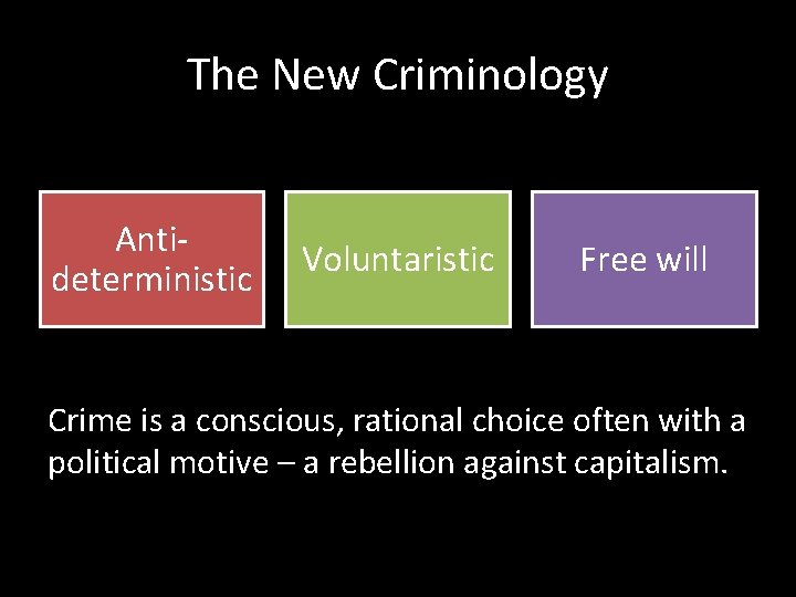 The New Criminology Antideterministic Voluntaristic Free will Crime is a conscious, rational choice often