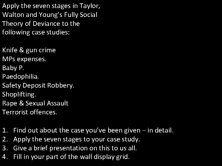 Apply the seven stages in Taylor, Walton and Young’s Fully Social Theory of Deviance