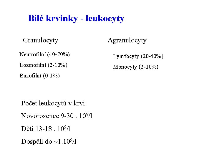 Bílé krvinky - leukocyty Granulocyty Agranulocyty Neutrofilní (40 -70%) Lymfocyty (20 -40%) Eozinofilní (2